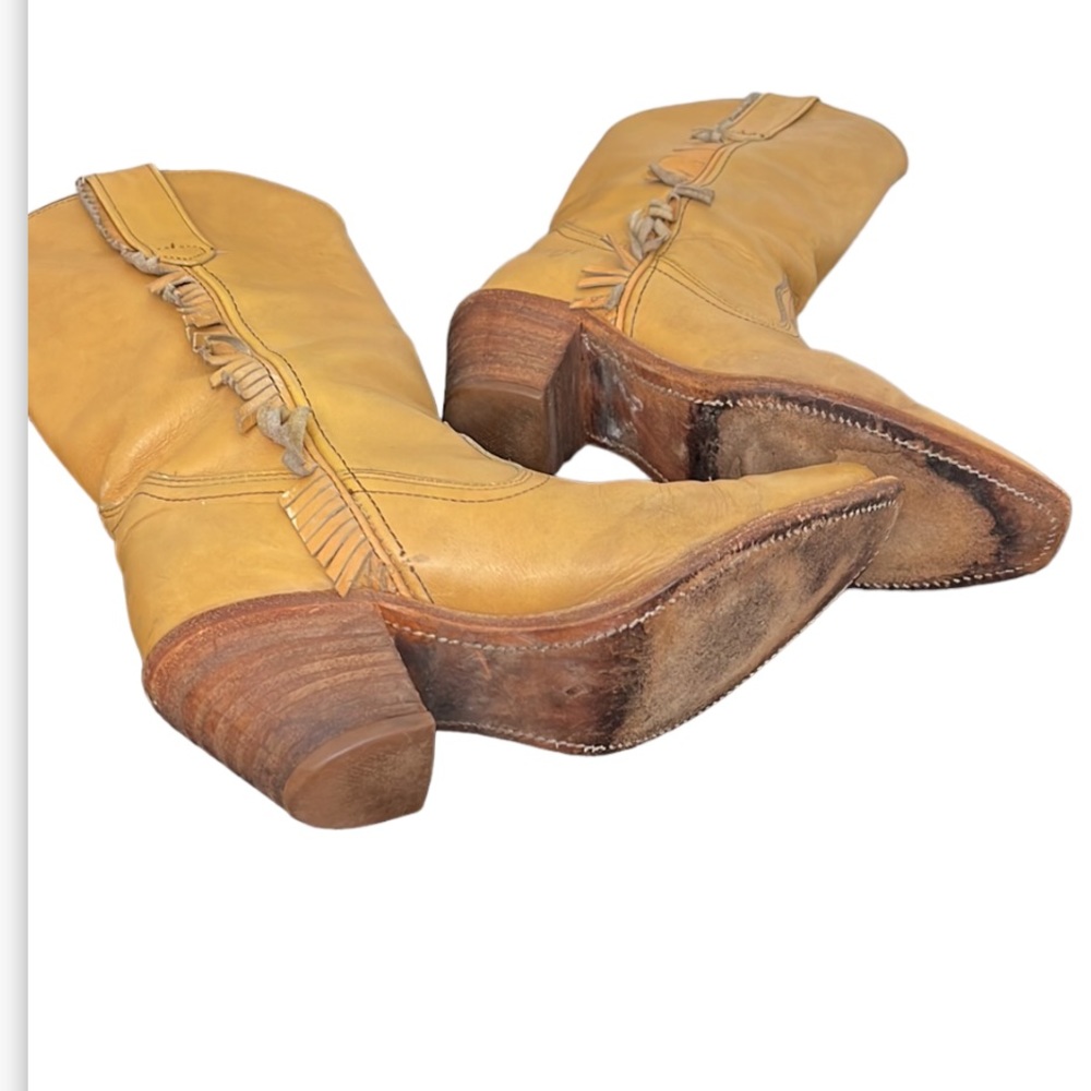 Frye Tan Leather Fringe Western Heeled Boots - Picture 8 of 10